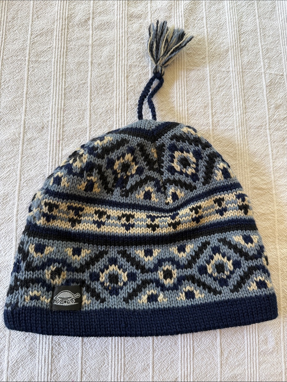 Vintage Wool Knit Pom Beanie - Navy, Light Blue & Cream